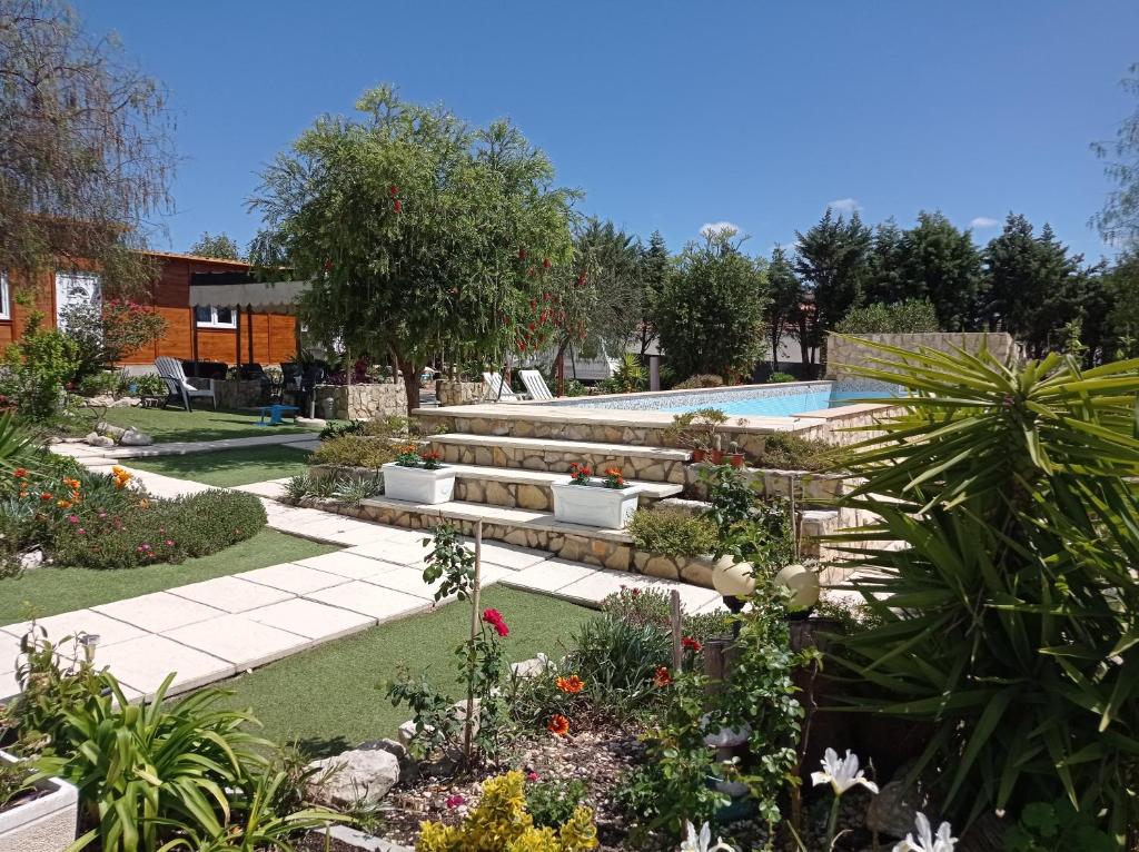 a garden with a swimming pool and plants at Quinta das Hortênsias I Quinta do Sol in Cruz do Campo