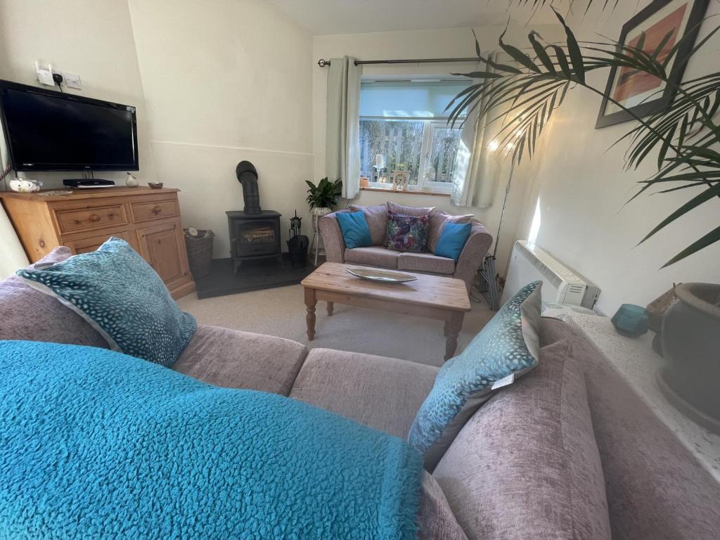 a living room with a couch and a tv at Sunnyside in Veryan