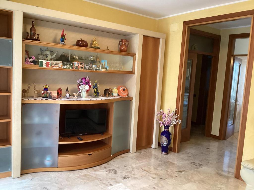 a living room with a flat screen tv and shelves at appartamento a 1/2 ora da Venezia in Camponogara
