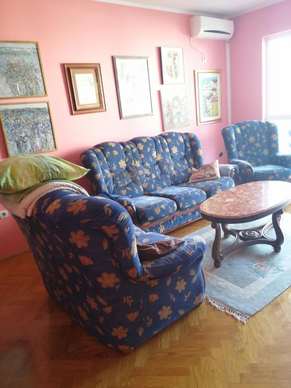 uma sala de estar com um sofá azul e uma mesa em Stan u centru Bara em Bar