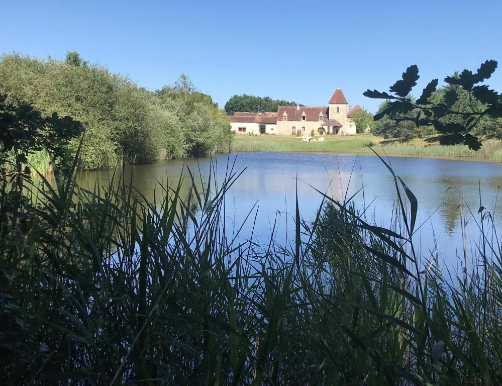 a view of a lake with a house in the background at Hotel The Originals Le Manoir de Pierre Levée in Tournon-Saint-Martin