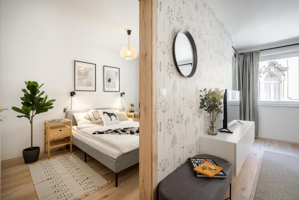 um quarto com uma cama e um espelho em Cosy Tolnai Apartment em Budapeste