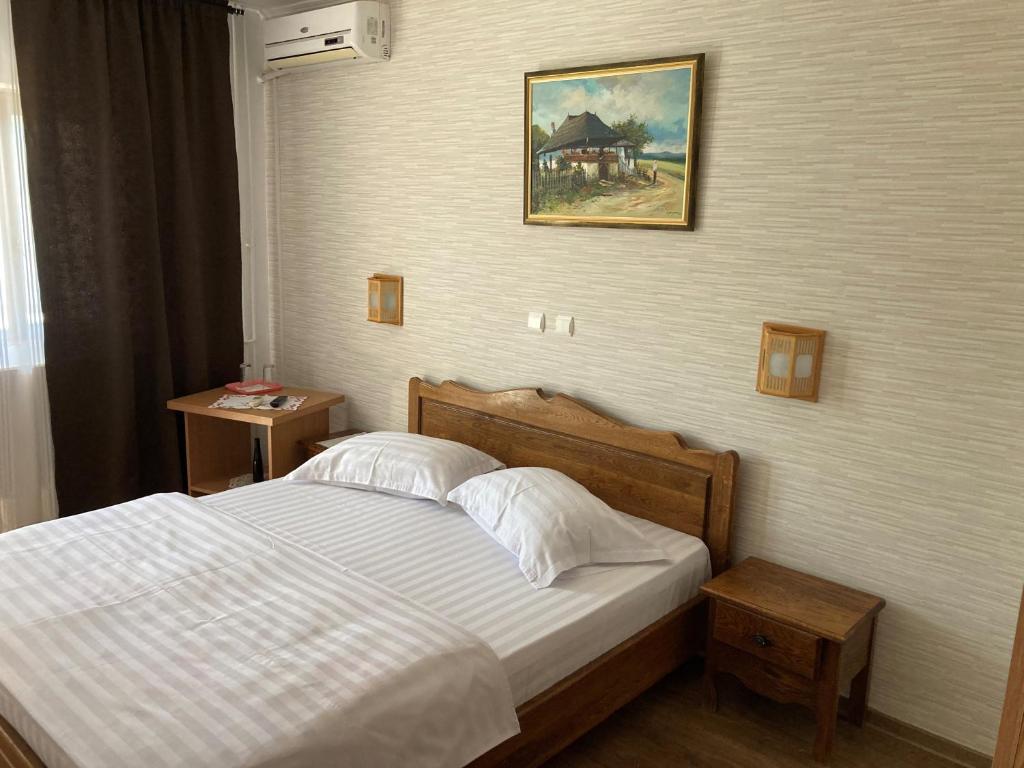 um quarto com uma cama e uma fotografia na parede em Pension La Ponton em Eşelniţa