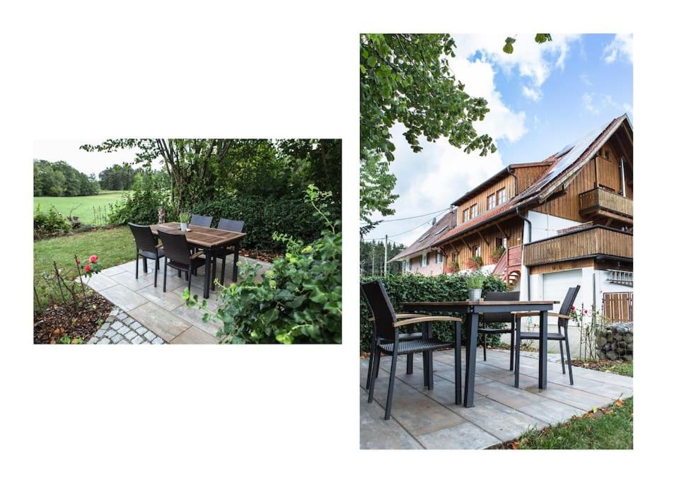 two pictures of a patio with a table and a house at Naturidyl Schneckenbuch in Weißensberg