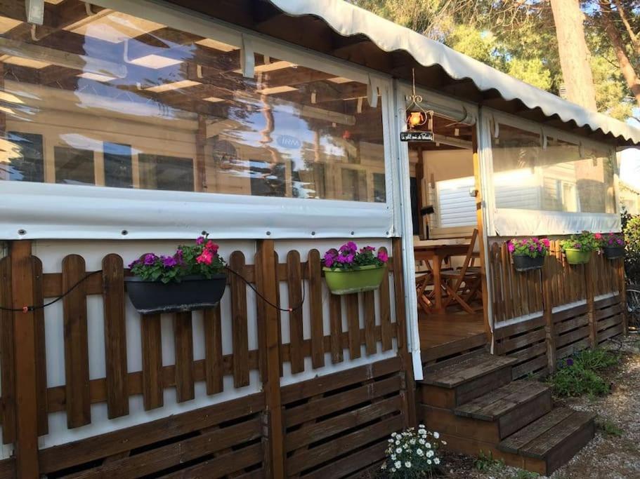 a house with potted plants on a fence at Mobilhome 6 personnes en bord de mer in Hyères