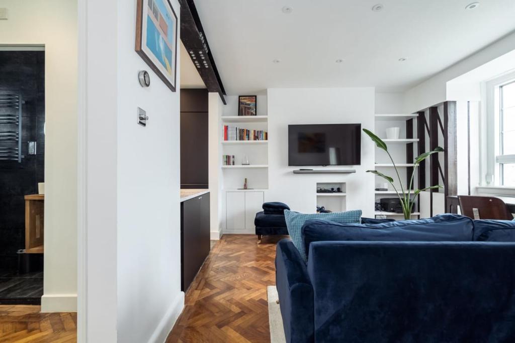 a living room with two blue couches and a tv at Central London apartment in Vauxhall near big Ben in London