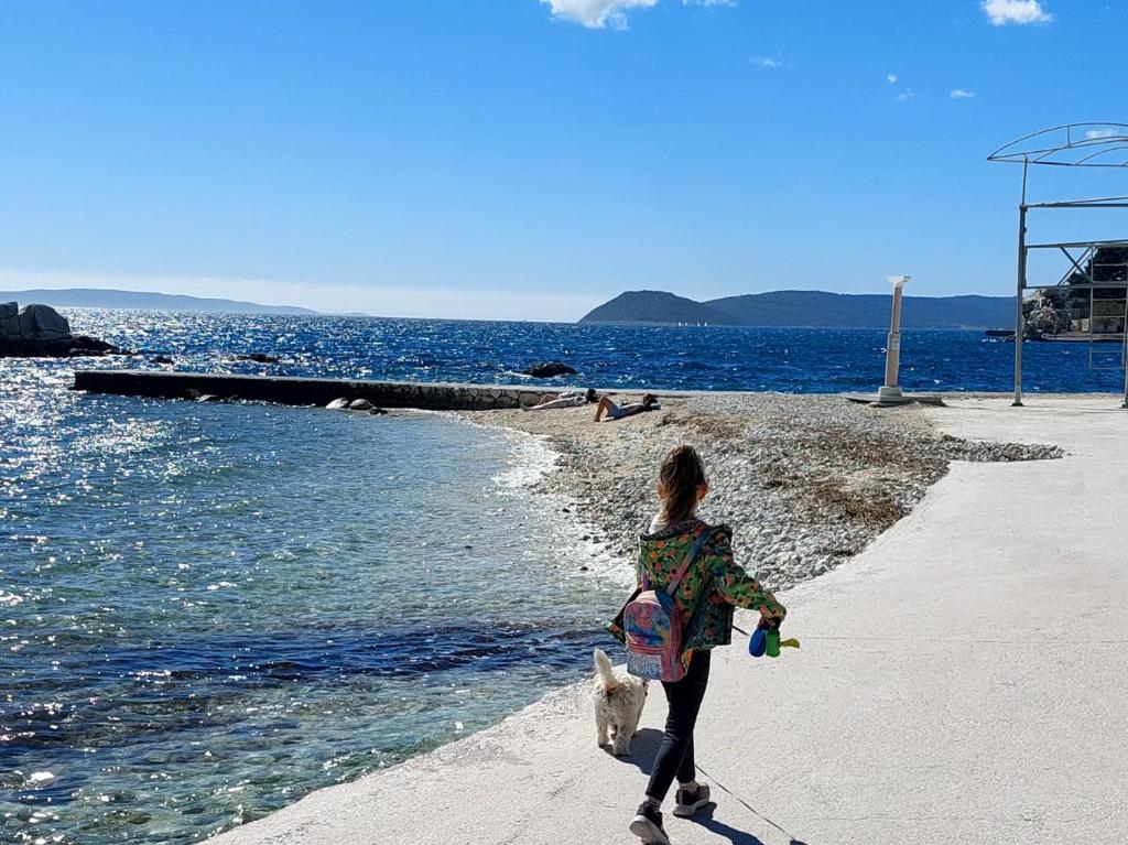 a woman walking on the beach with a dog at Apartman Noa in Split