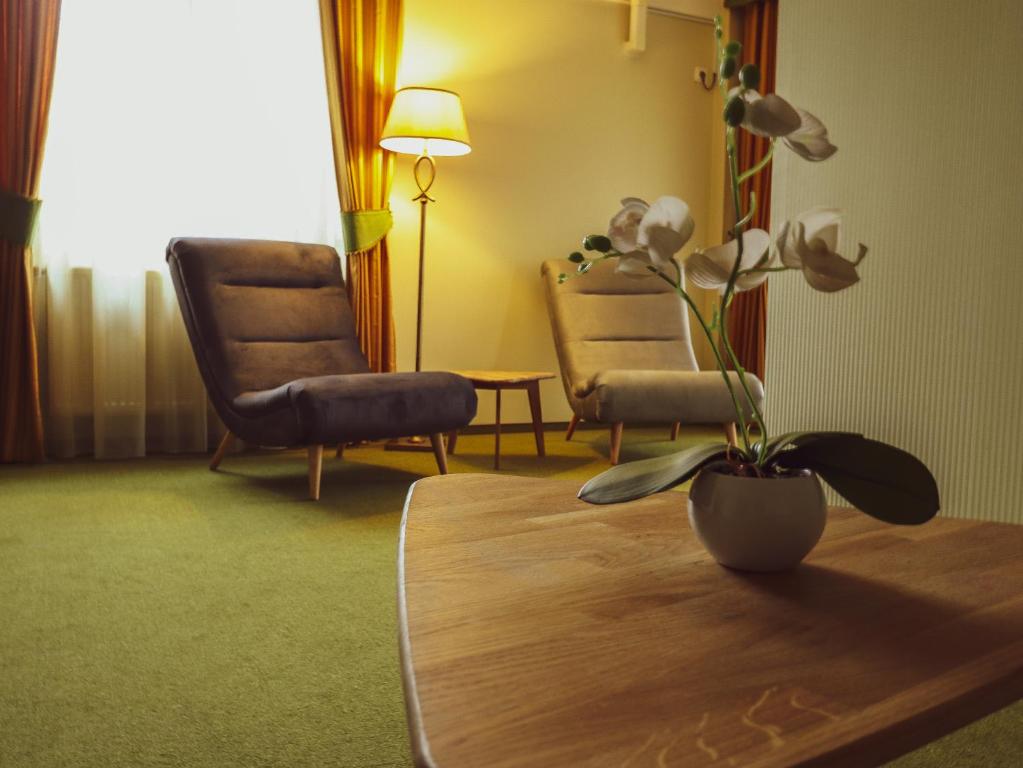 - une chambre avec deux chaises et une table avec une plante dans l'établissement Hotel Residenz, à Suceava