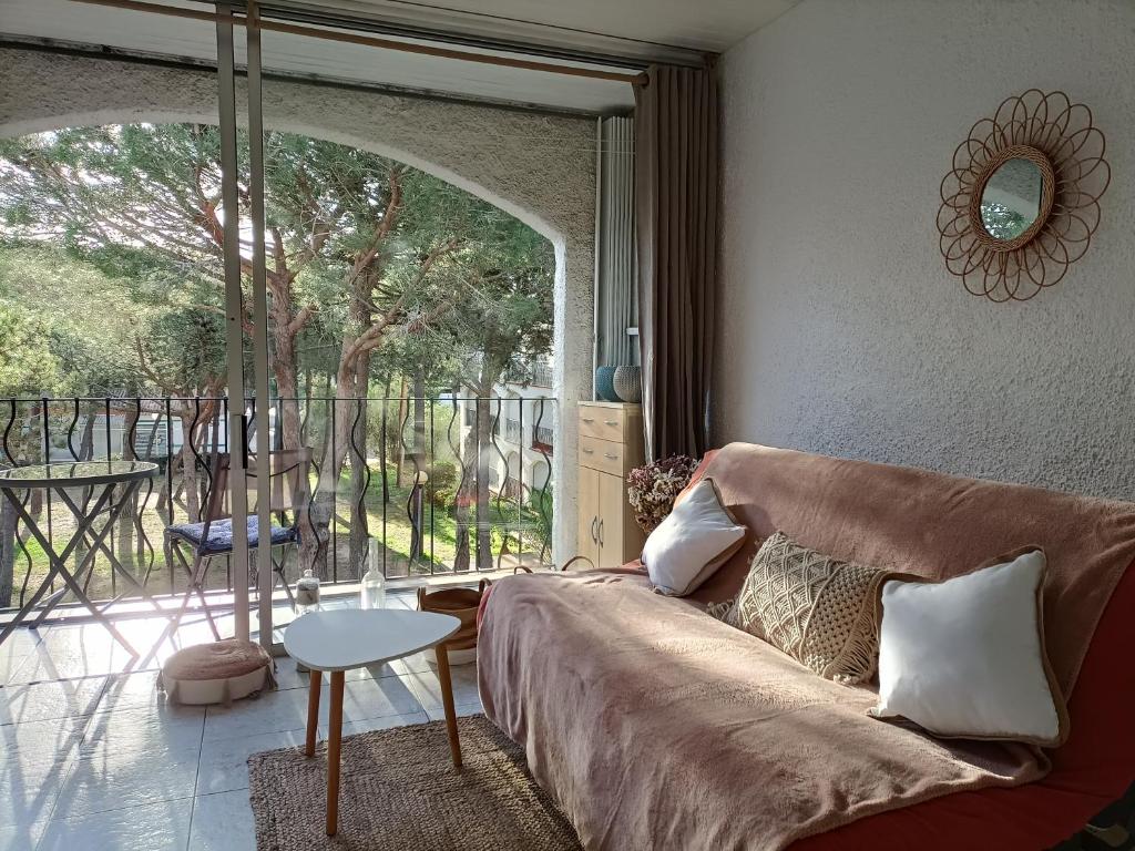 salon z kanapą i dużym oknem w obiekcie Charmant Appartement Bord de mer w Argelès-sur-Mer