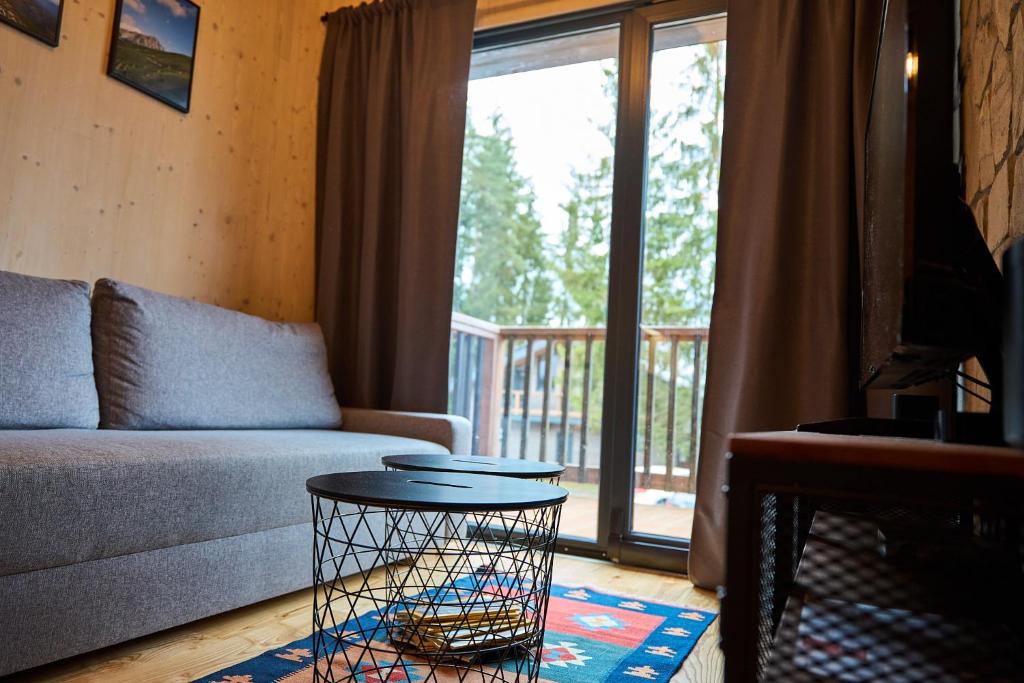ein Wohnzimmer mit Sofa und Tisch in der Unterkunft Cosy 1-bedroom apartment with free parking in Demänovská Dolina
