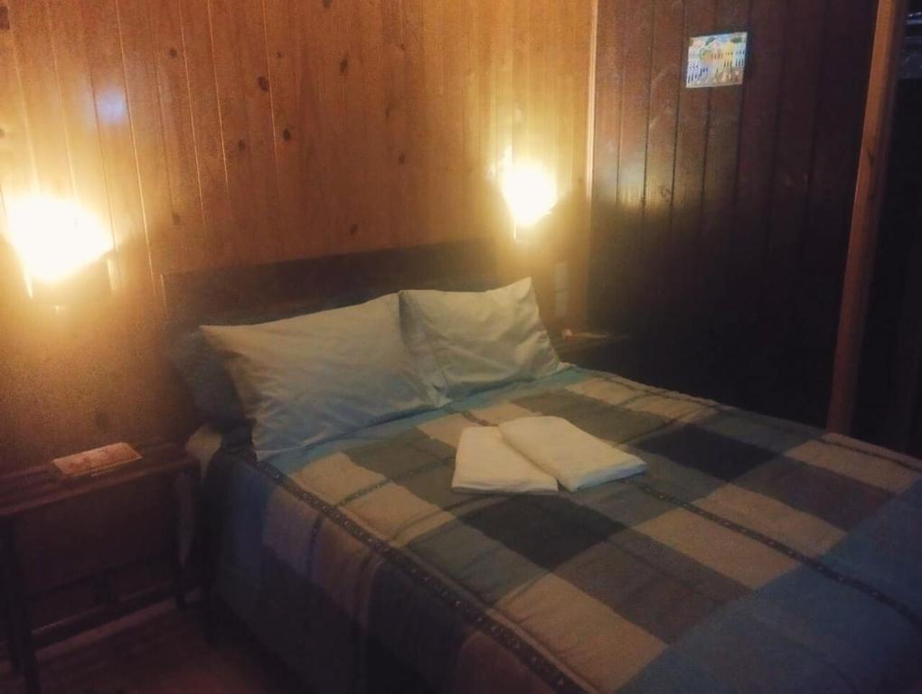 - un petit lit dans une chambre avec deux lumières dans l'établissement Bom Jardim Pousada, à Bom Jardim da Serra
