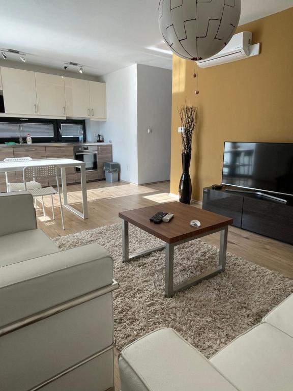 een woonkamer met een bank en een salontafel bij Apartmány Diamant in Bratislava