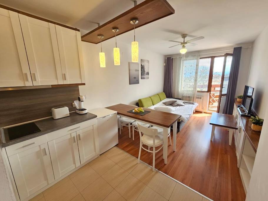 a kitchen and living room with a table and a couch at Bansko Private VIP Apartment in Bansko