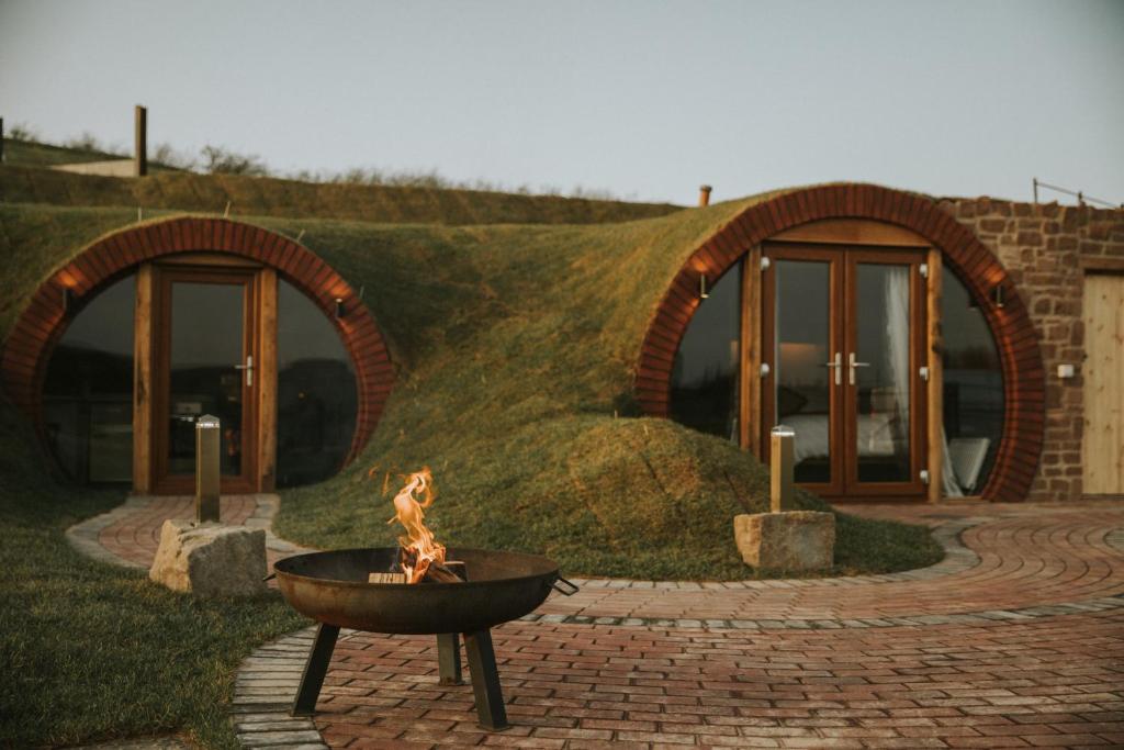 un foyer devant un bâtiment couvert d'herbe dans l'établissement Otters View, à Rhayader