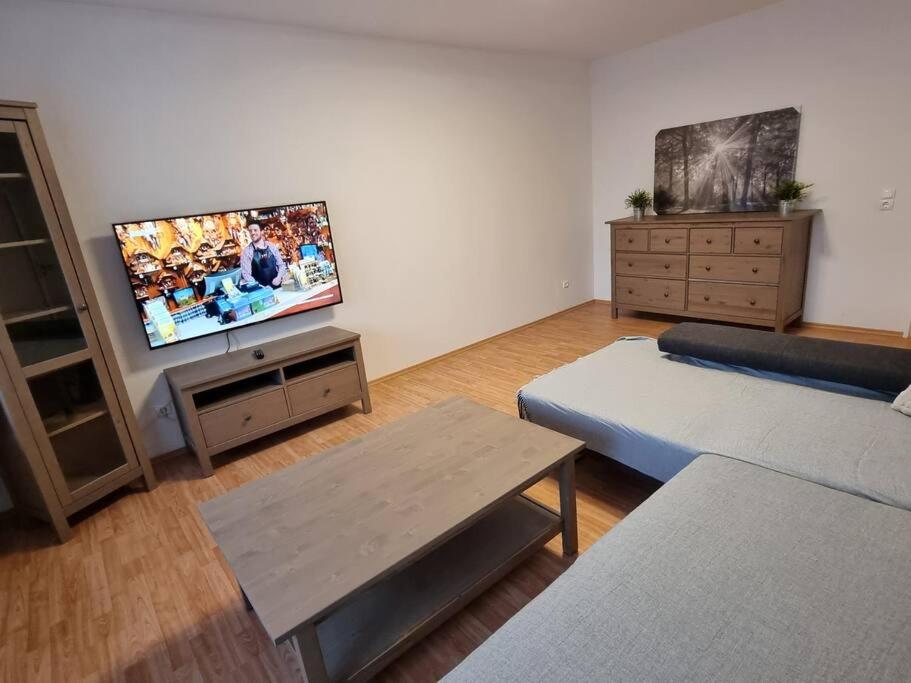 ein Wohnzimmer mit einem Sofa und einem Flachbild-TV in der Unterkunft Viktoria's Wohnung in Kaarst in Kaarst