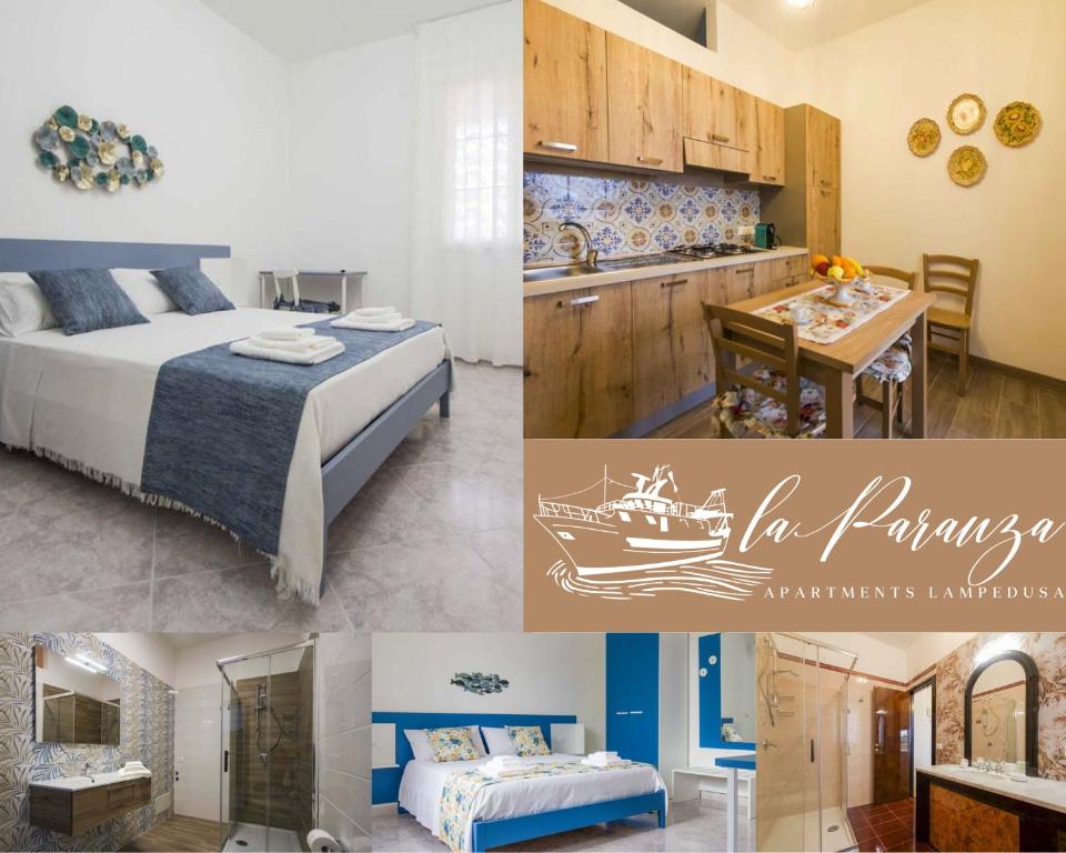 eine Collage mit Bildern eines Schlafzimmers und einer Küche in der Unterkunft La Paranza Apartments Lampedusa in Lampedusa