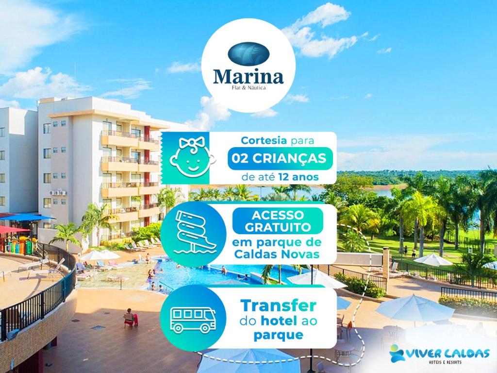 un montón de señales en frente de un resort en Hotel Marina - OFICIAL, en Caldas Novas