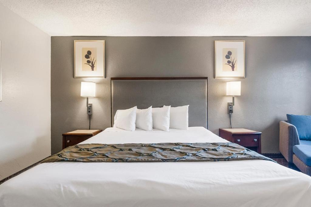 Heritage Inn Express Hayward في هايوارد: سرير كبير في غرفة الفندق مع مصباحين