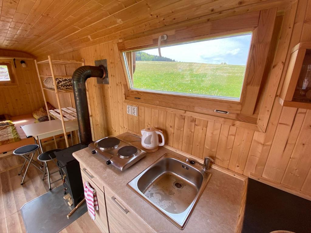 Kuchyň nebo kuchyňský kout v ubytování Maringotka na samotě na kozí farmě