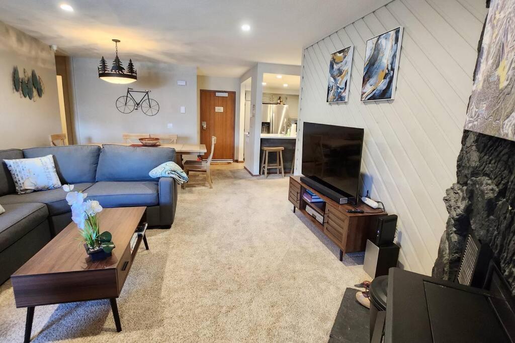een woonkamer met een blauwe bank en een televisie bij New listing! - Great location, mountains view, walk to ski lift in Mammoth Lakes