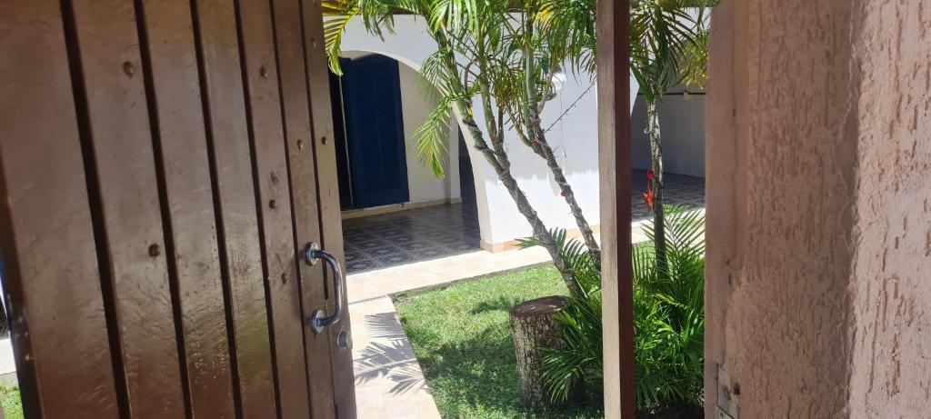 an open door to a yard with a palm tree at Casarão Hostel Peró in Cabo Frio