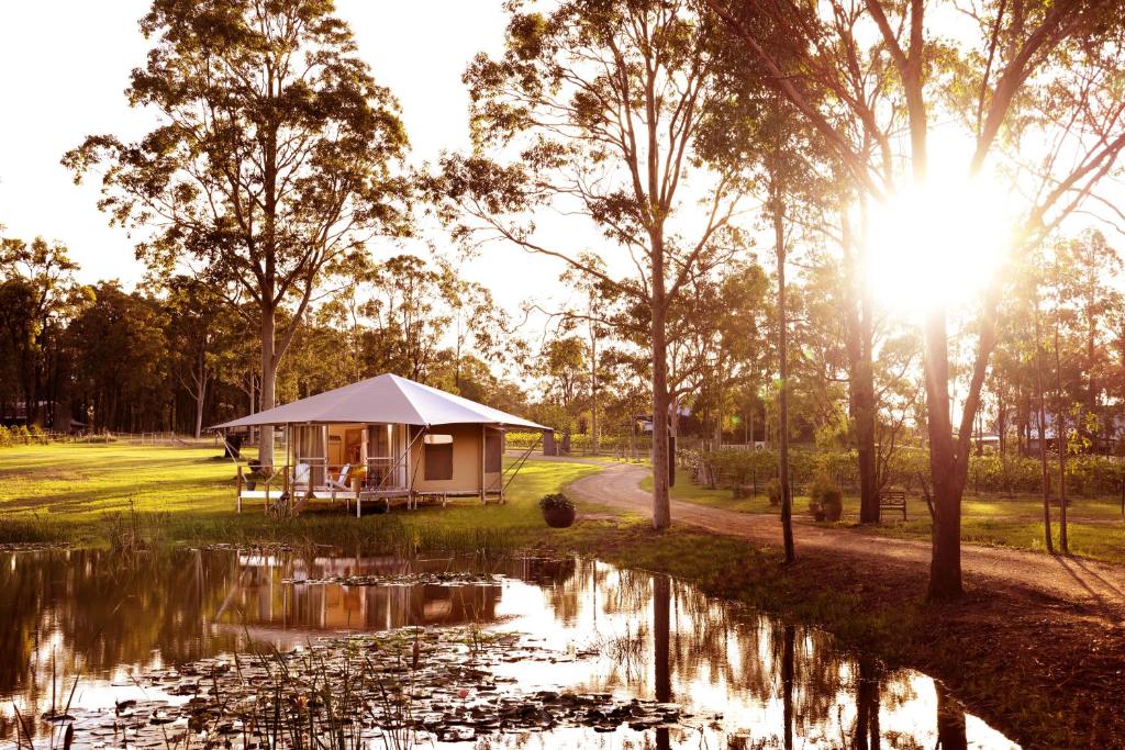 a gazebo in a park next to a pond at Two Fat Blokes Moroccan Glamping in Pokolbin