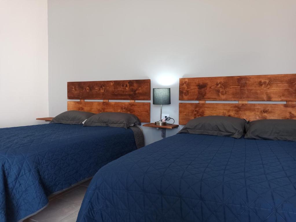 プエルト・ペニャスコにあるYour Bedroomの青い掛け布団付きの客室内のベッド2台