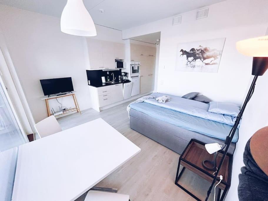 Il comprend une petite chambre avec un lit et une cuisine. dans l'établissement New Studio Furi near Airport, à Vantaa