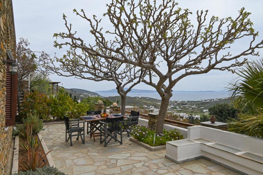 a patio with a table and chairs and a tree at Santamare Apartment in Agios Sostis