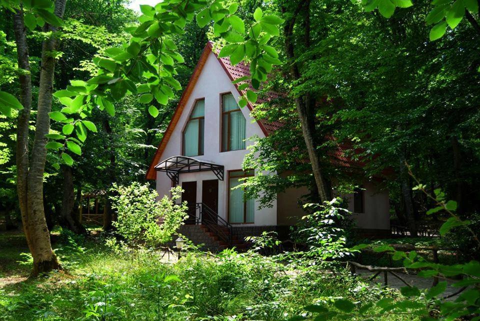 a white house with a red roof in the woods at Qusar Olimpik Hotel and Cottages in Qusar