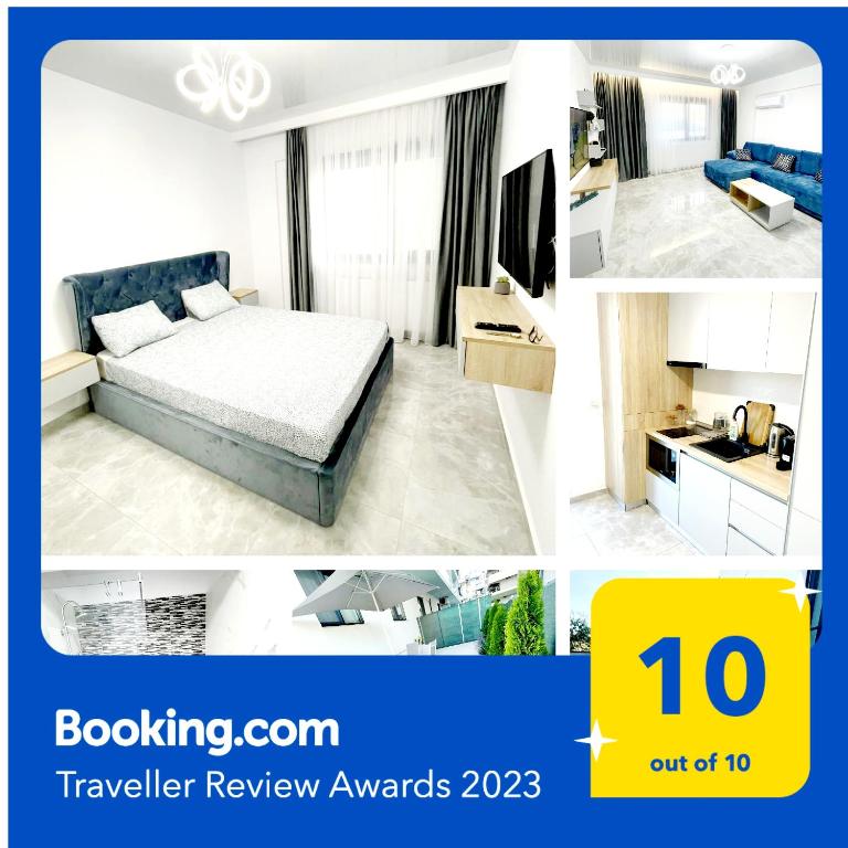 a collage of pictures of a hotel room at Near Sea Apart Mamaia Nord in Mamaia Nord