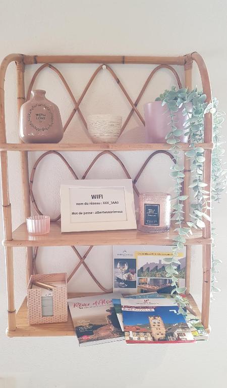 a shelf with books and other items on it at Studio Marie-Rose in Ribeauvillé