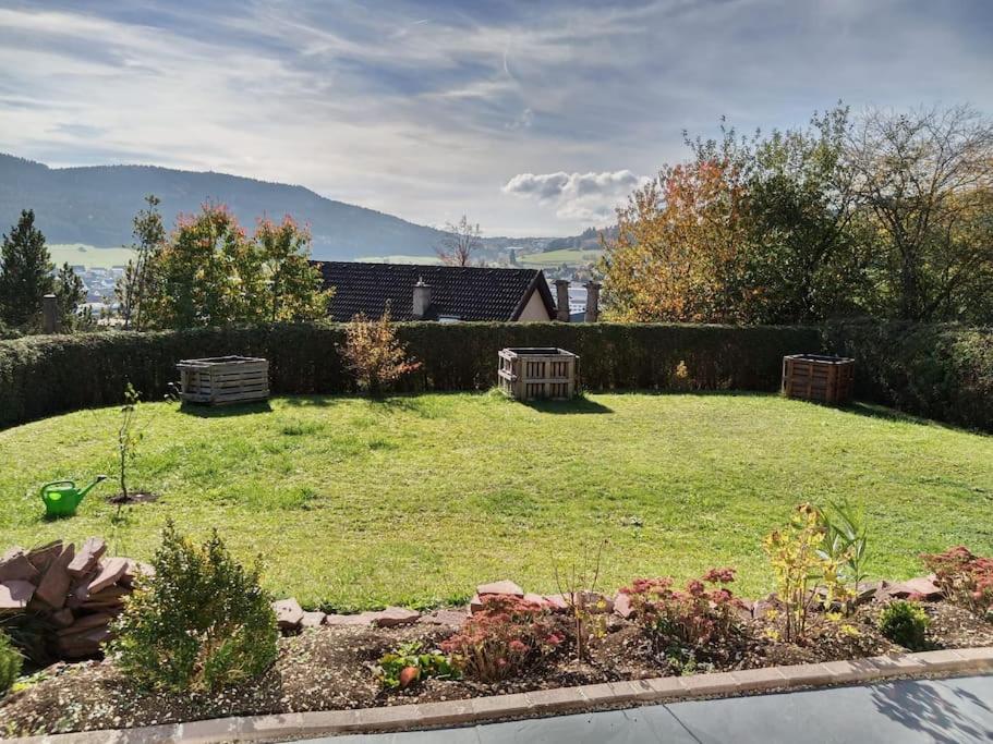 een achtertuin met een tuin met een grasveld bij FeWo mit tollem Ausblick auf der Schwäbischen Alb. in Wehingen