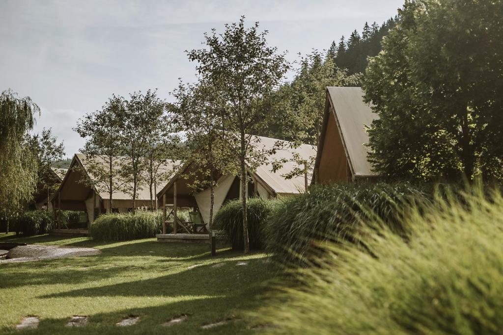 a house in a field with grass and trees at Charming Slovenia - Herbal Glamping Resort Ljubno in Ljubno