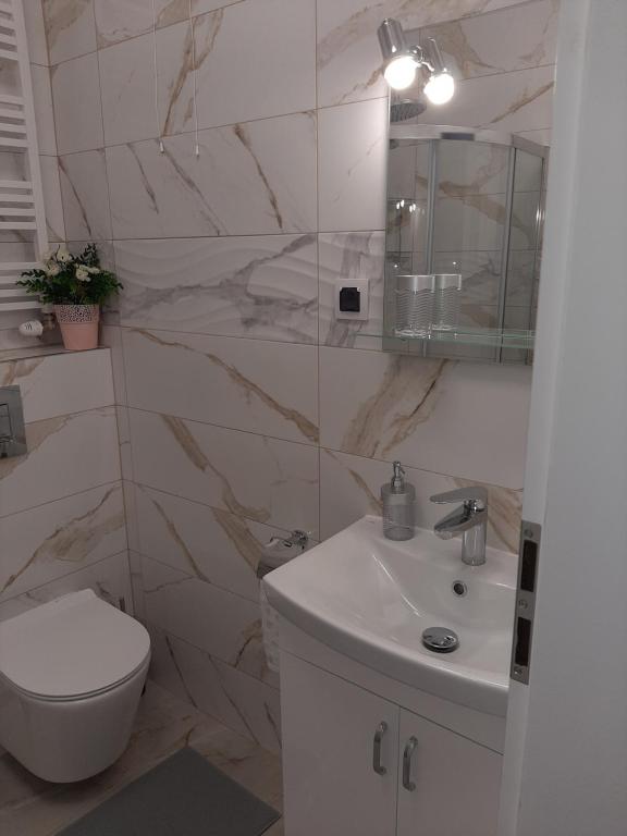 a bathroom with a white sink and a toilet at Apartament nad wodą 2 in Marzęcino