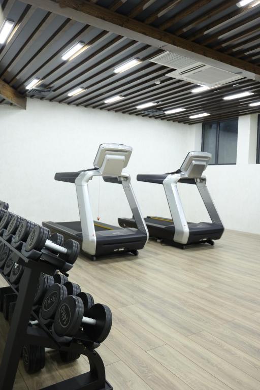 two rows of treadmills in a gym at Mir Luxe Plaza in Tashkent