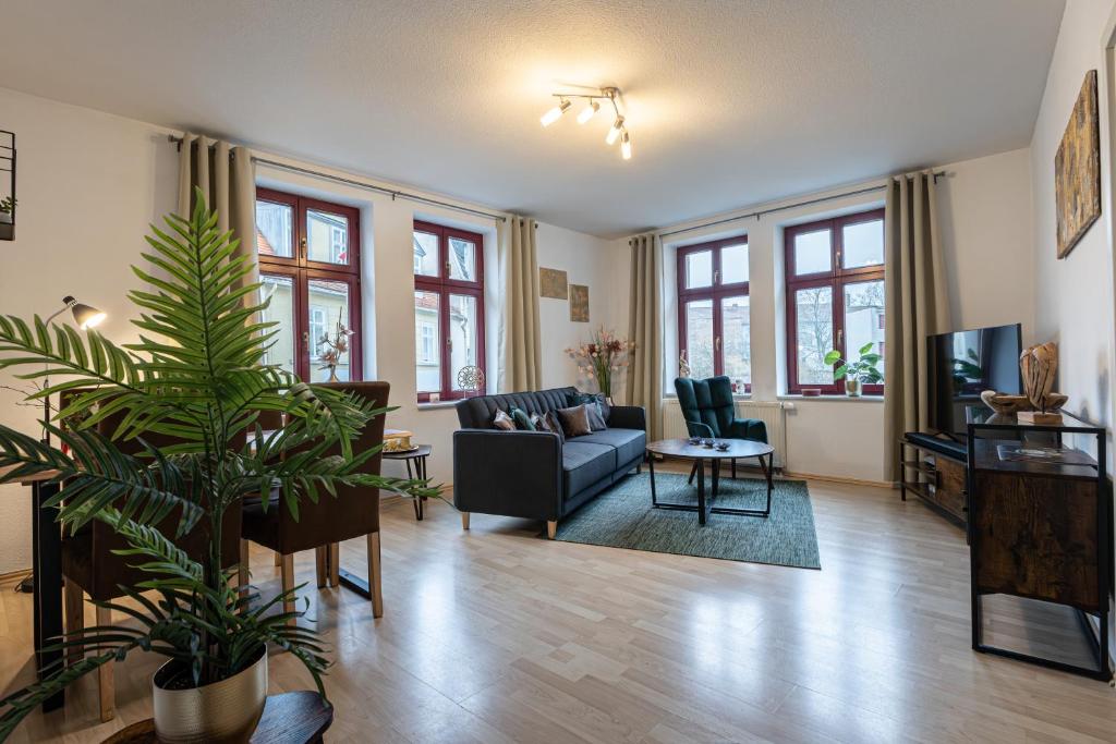 ein Wohnzimmer mit einem Sofa und einem TV in der Unterkunft Naumburger Charme "Schwarzes Gold" in Naumburg