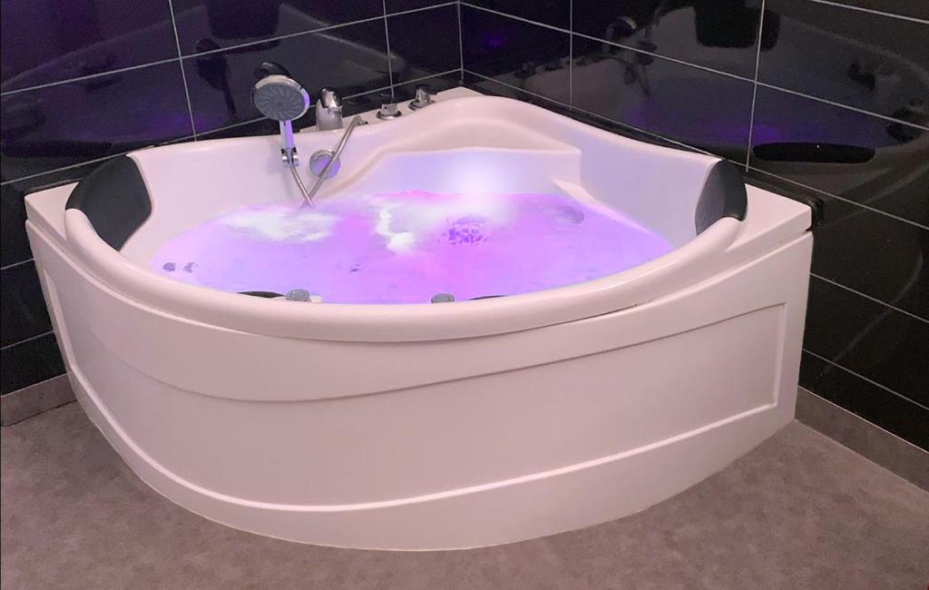 a white bath tub filled with a purple liquid at Apartments Les 5 LYS - Quartier La Bastide in Carcassonne