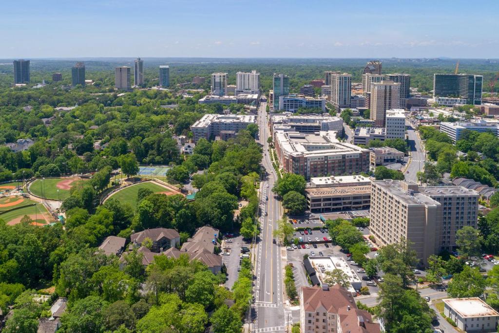 an aerial view of a city with tall buildings at The 505 Collection Buckhead in Atlanta