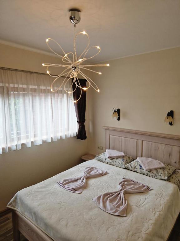 1 dormitorio con 1 cama y ventilador de techo en Linos Apartamentai, en Druskininkai