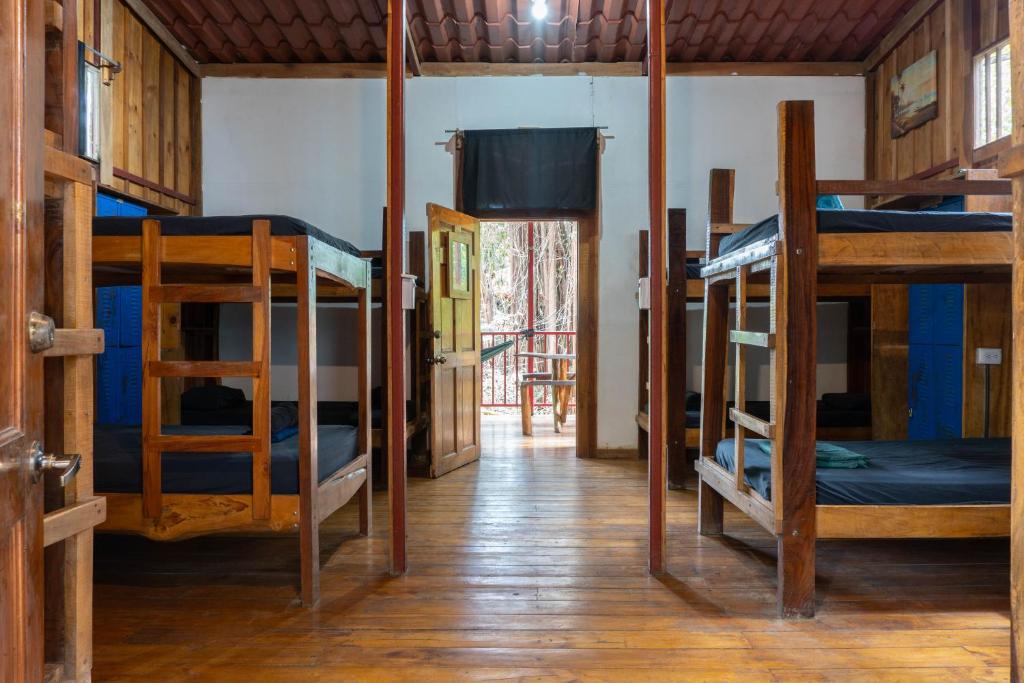 a room with three bunk beds and a hallway at Burnt Toast Surfcamp in Nosara