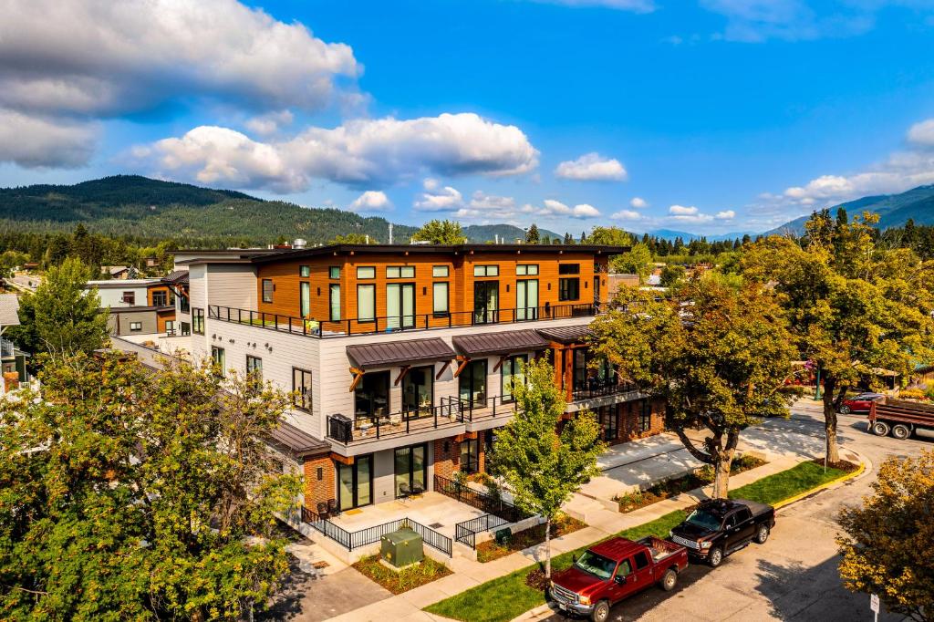 an aerial view of a building with a parking lot at Lupfer Luxury in Whitefish
