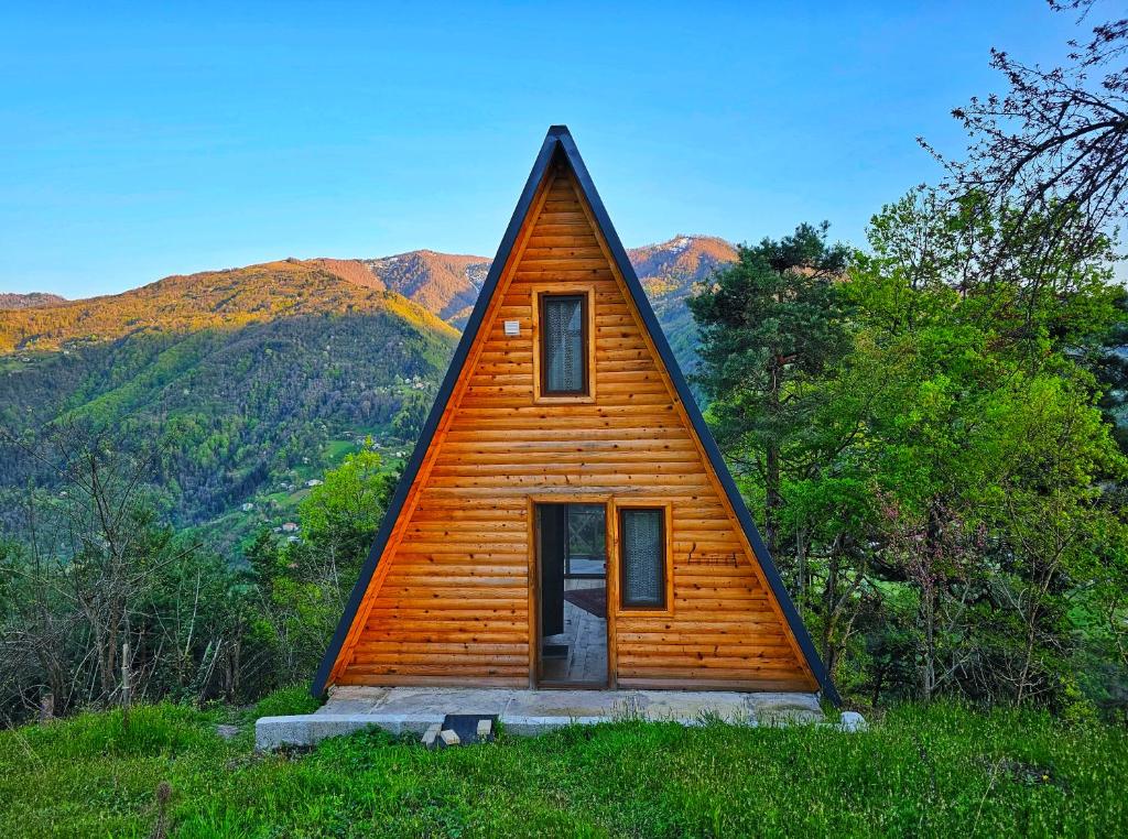 una pequeña casa de madera con techo triangular en A Frame Cottage in Varjanisi - Batumi en K'eda