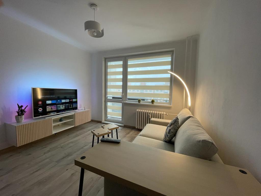 ein Wohnzimmer mit einem Sofa und einem TV in der Unterkunft Apartman na kopci in Košice