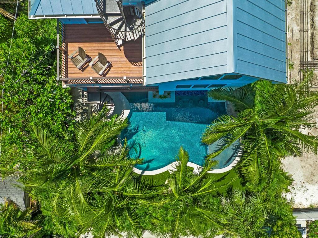 an overhead view of a house with a swimming pool and palm trees at Vitamin Sea in Sarasota