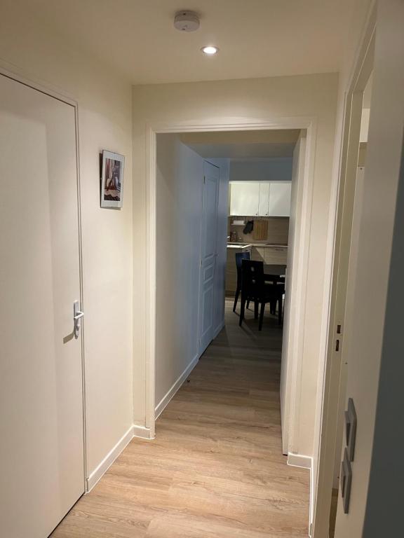 a hallway leading to a kitchen and a dining room at Charmant logement rénové dans l’hyper centre in Auxerre