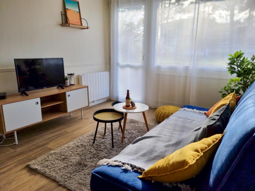 a living room with a blue couch and a tv at La Cabane aux Ecureuils Appart à 500m de la plage Forêt in Mimizan