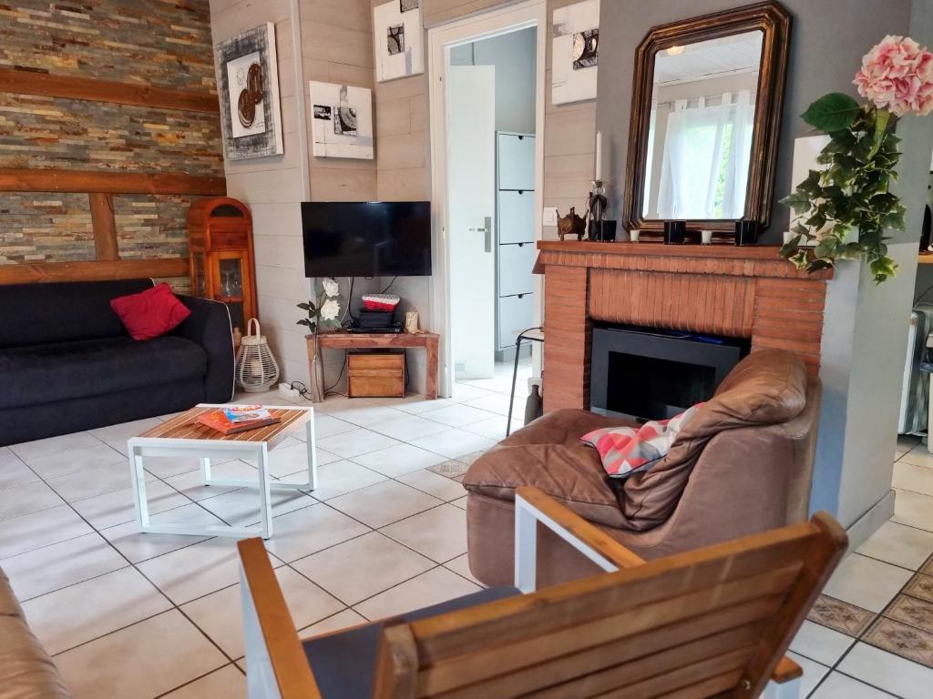 a living room with a couch and a fireplace at La Cabane aux Acacias~vacances nature et au calme in Mézos