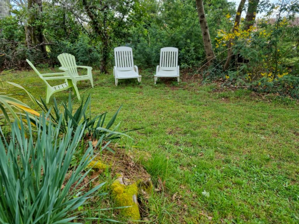 two chairs sitting in the grass in a yard at La Cabane aux Acacias~vacances nature et au calme in Mézos