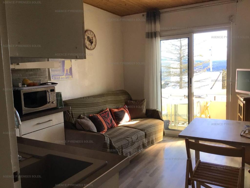 ein Wohnzimmer mit einem Sofa und einer Mikrowelle in der Unterkunft Studio Les Angles, 1 pièce, 4 personnes - FR-1-295-193 in Les Angles